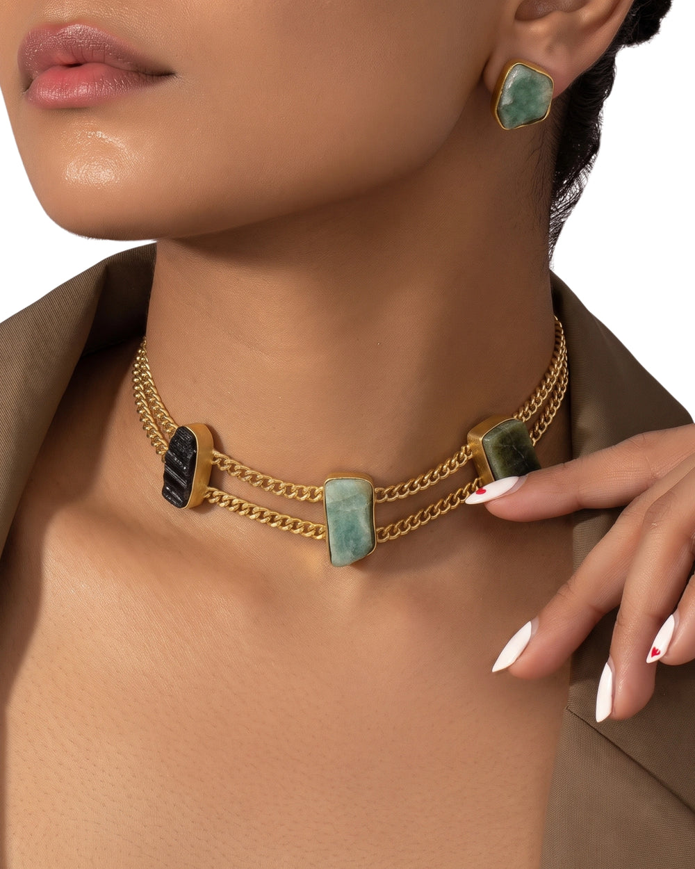Emerald Green & Black Stone Layered Necklace Set
