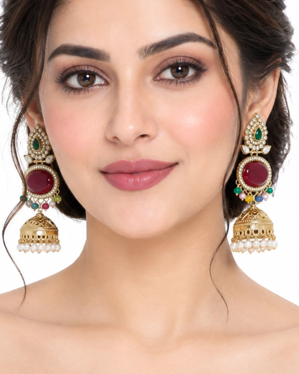 Navratna Multi-Color Stone & Pearl Jhumkas