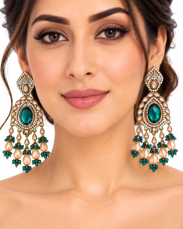 Gulnaaz Kundan & Emerald Chandelier Earrings
