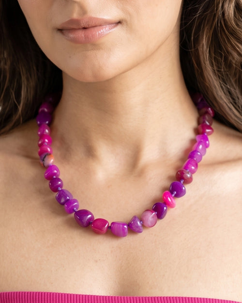 Amethyst Bloom Pink Agate Beaded Necklace