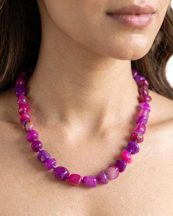Amethyst Bloom Pink Agate Beaded Necklace