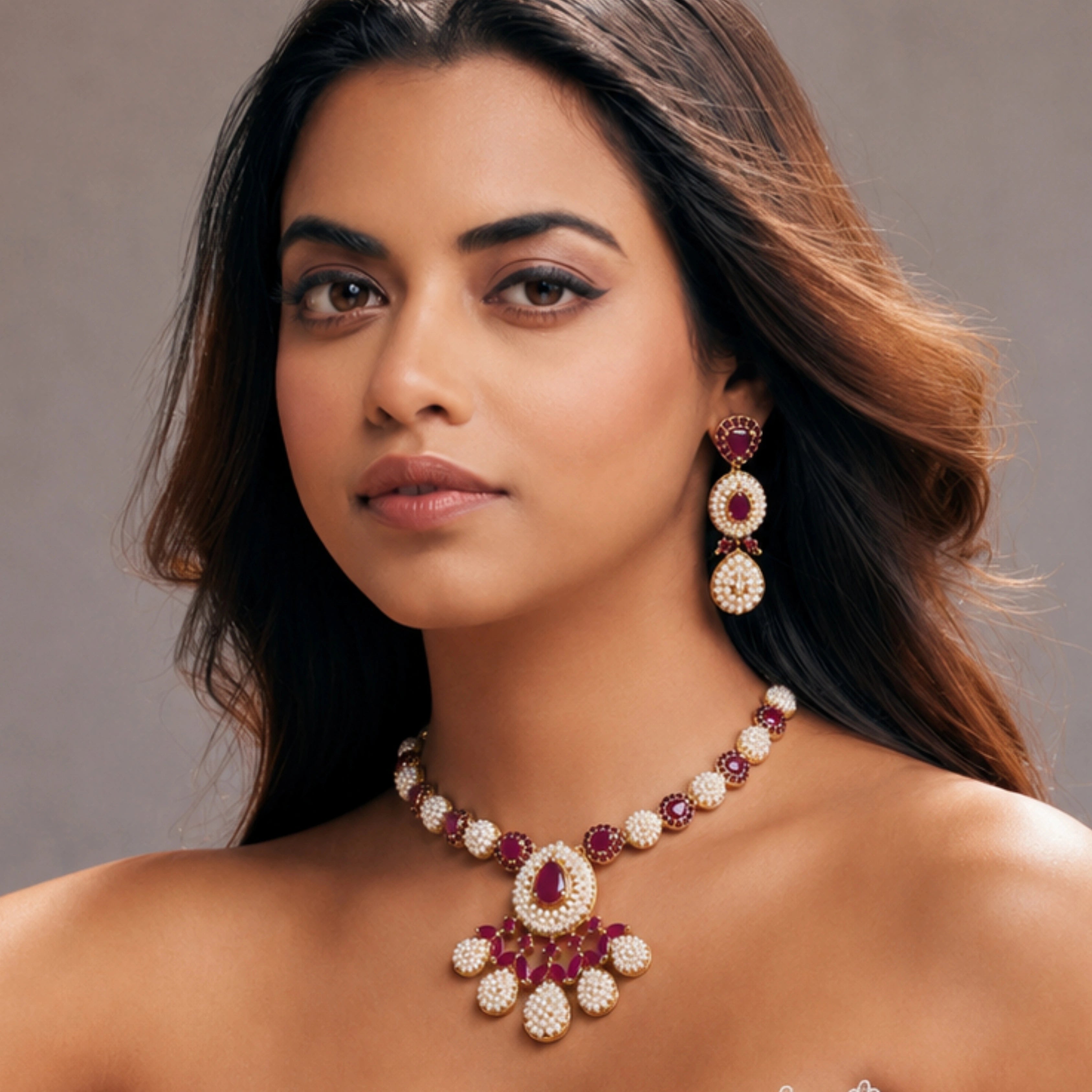 Ruby Pearl Blossom Necklace Set