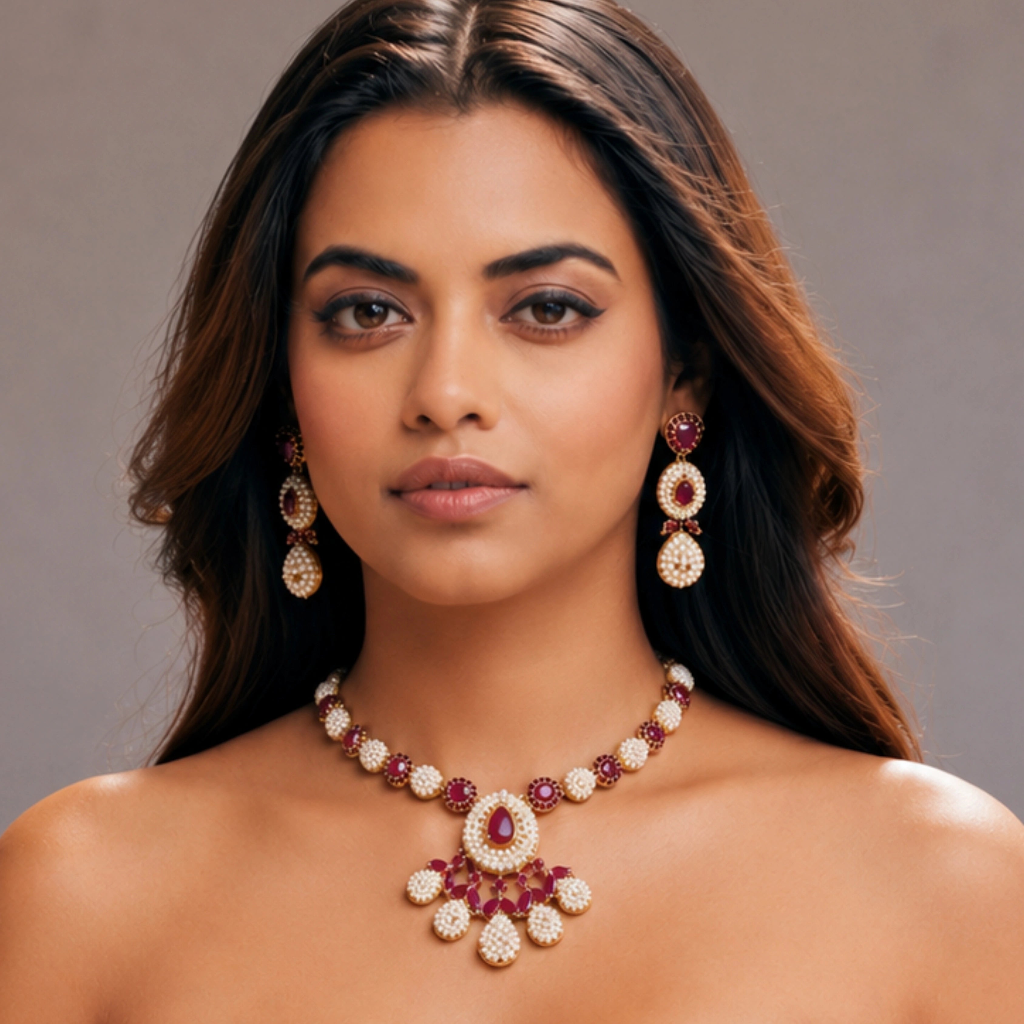 Ruby Pearl Blossom Necklace Set