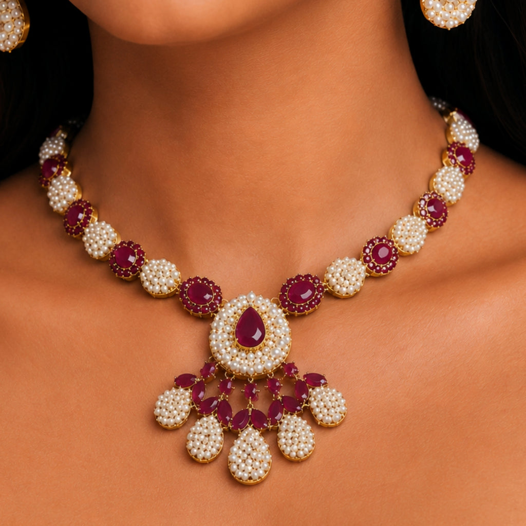 Ruby Pearl Blossom Necklace Set