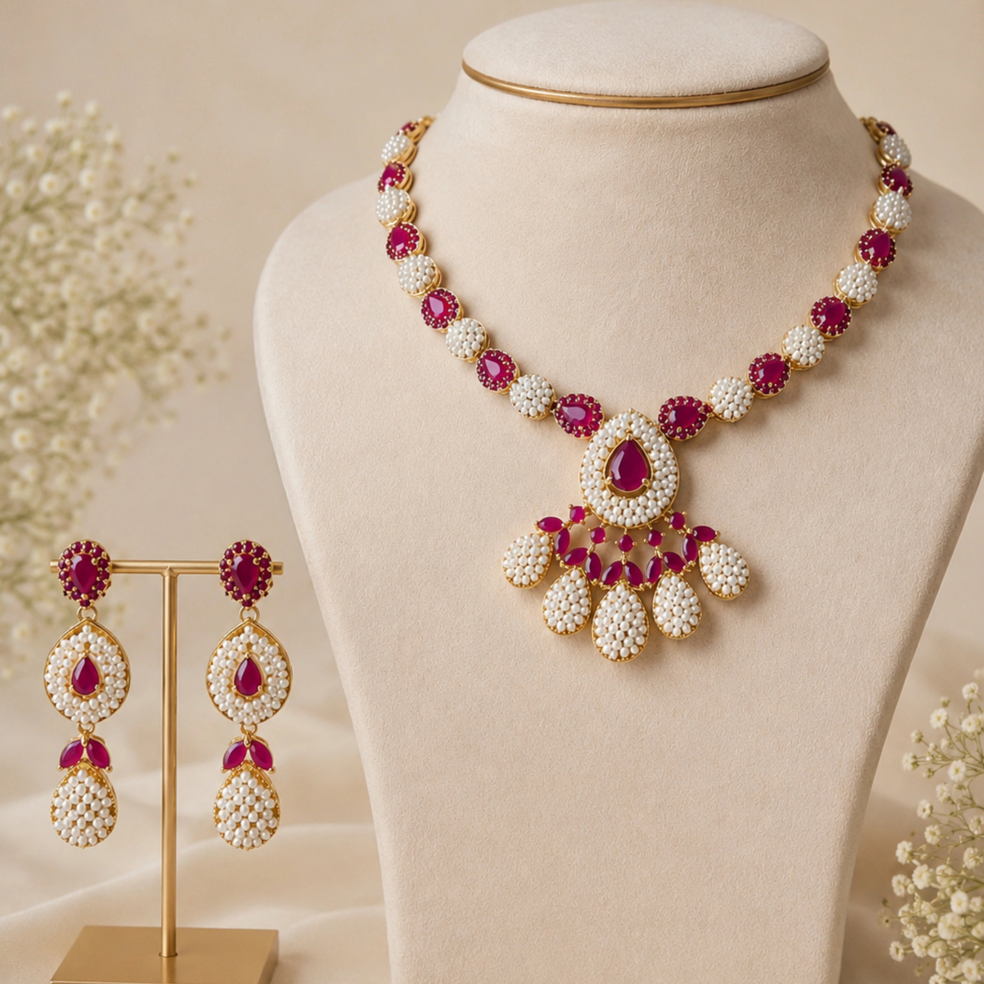 Ruby Pearl Blossom Necklace Set