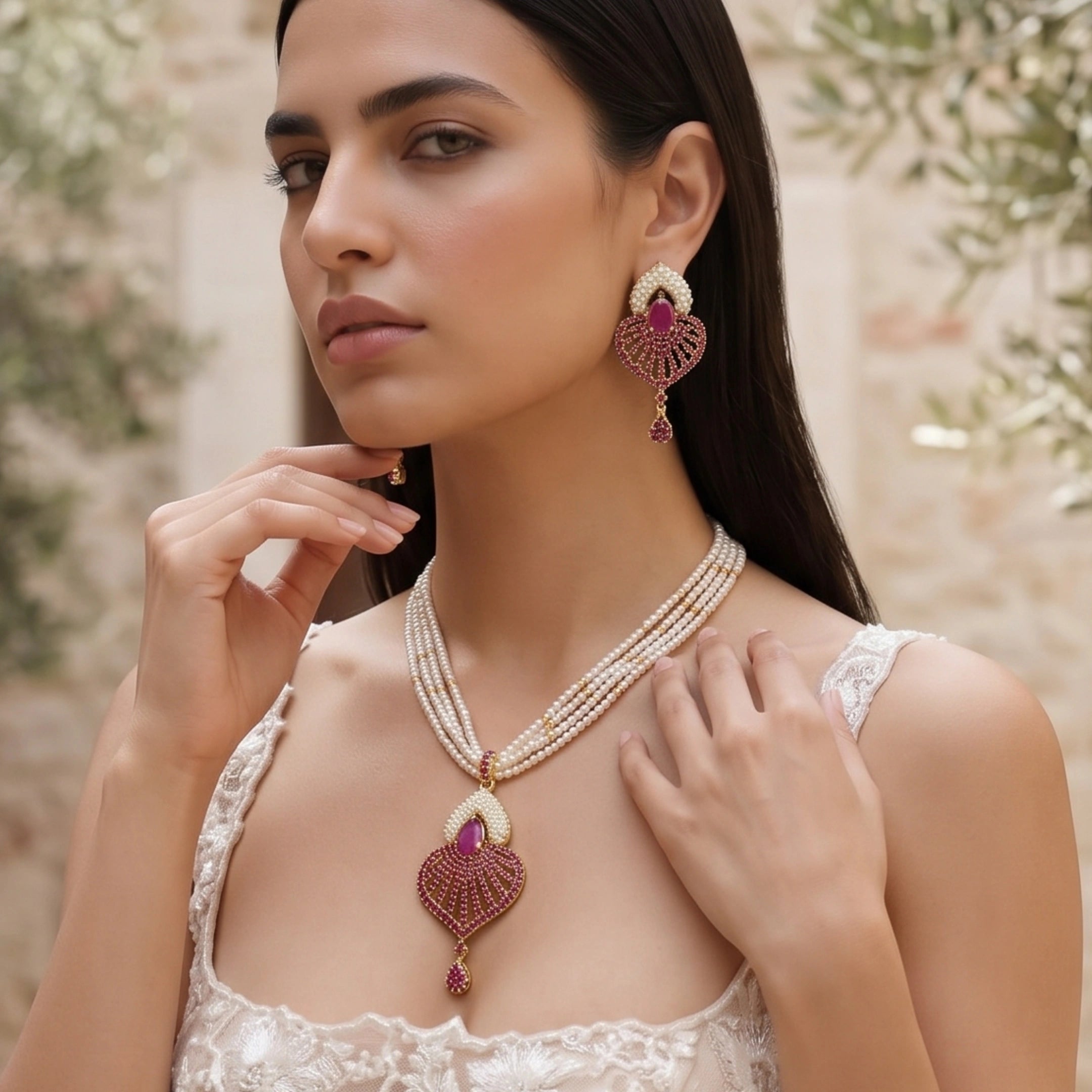 Ruby Pearl Radiance Necklace Set