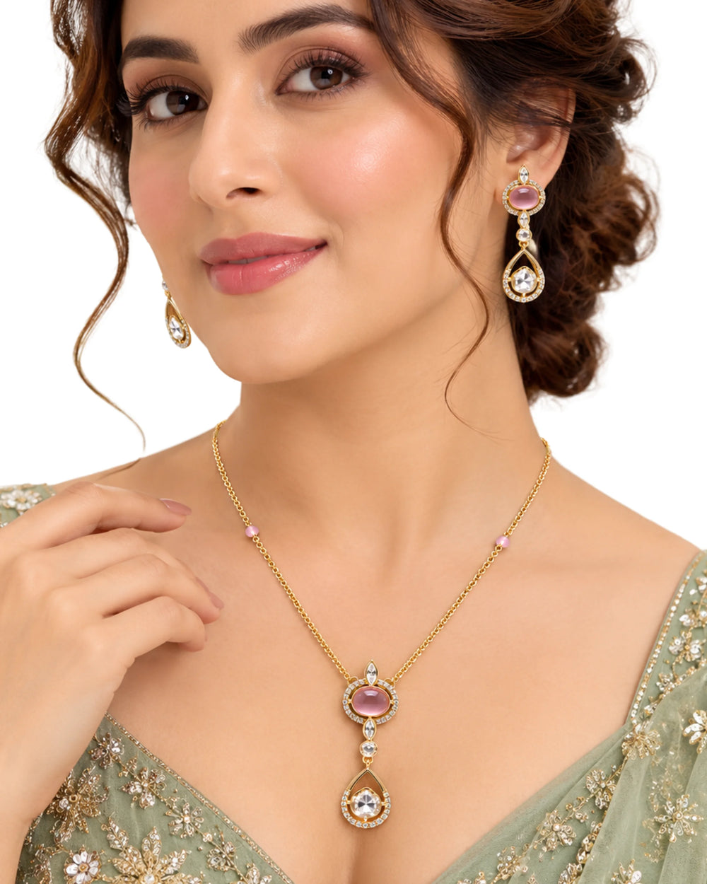 Royal Pink Stone & Crystal Gold Necklace Set