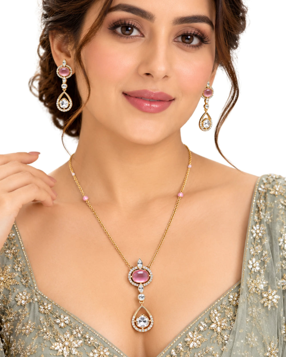 Royal Pink Stone & Crystal Gold Necklace Set