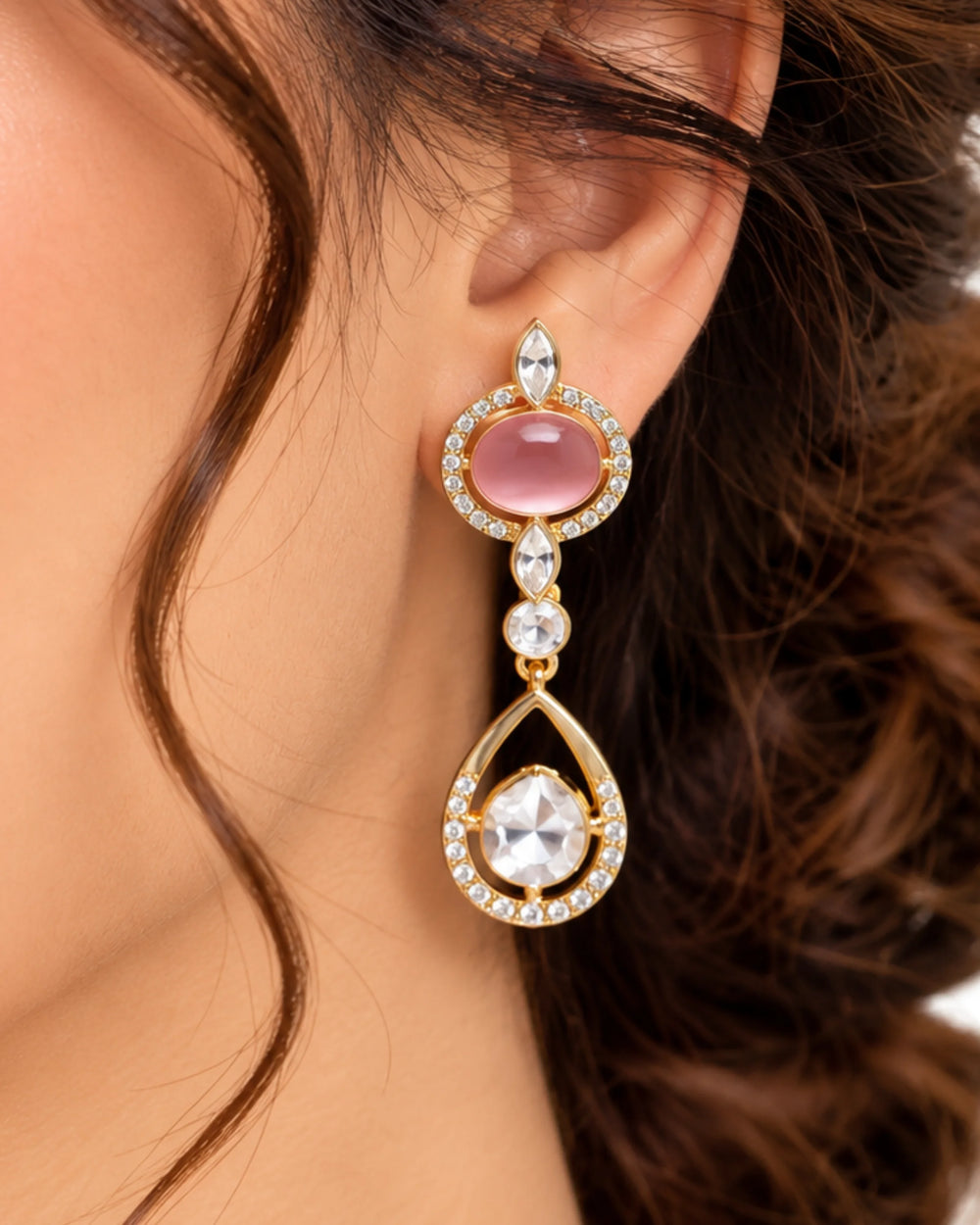 Royal Pink Stone & Crystal Gold Necklace Set