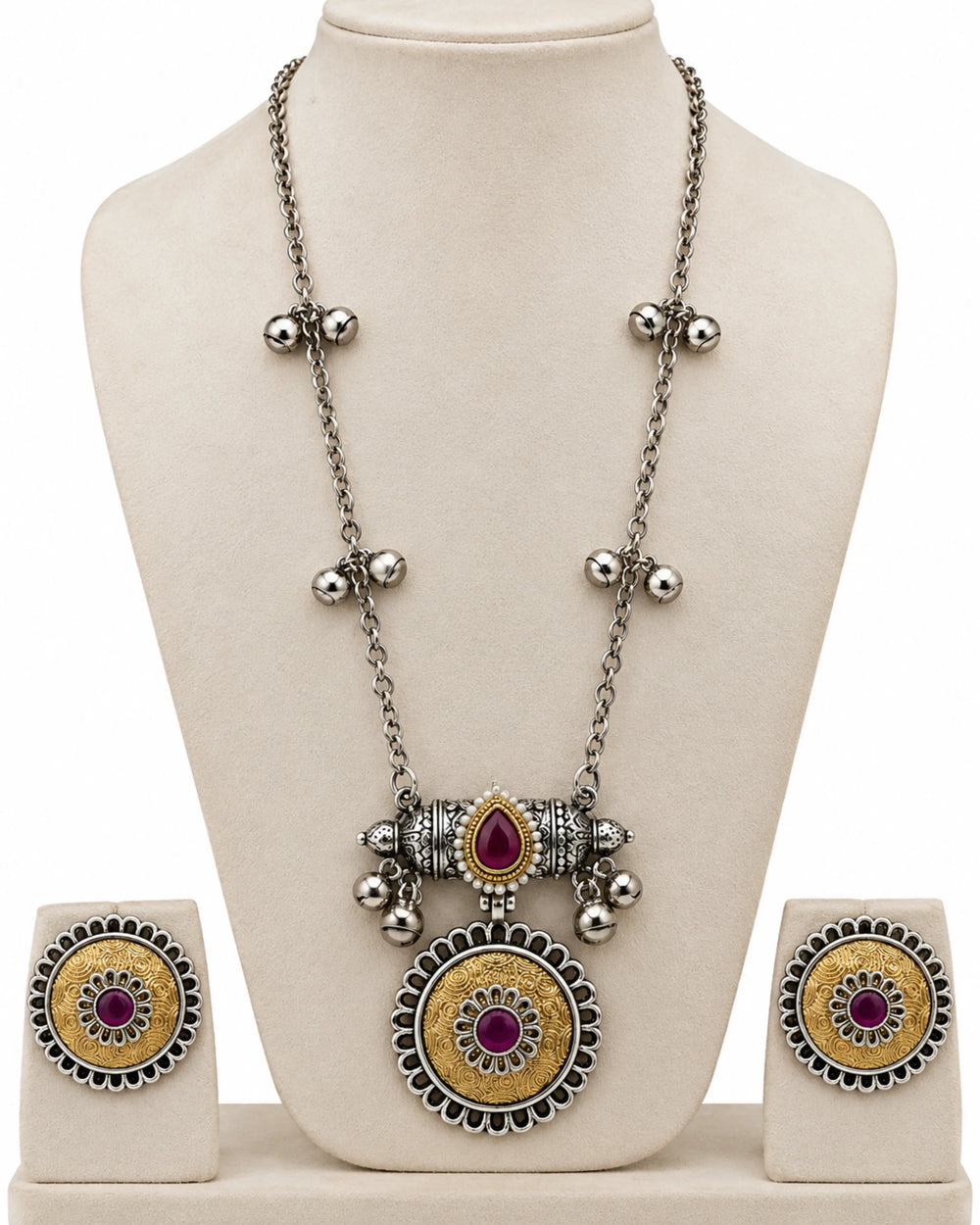 Meenakari Royal Medallion Silver Chain Set