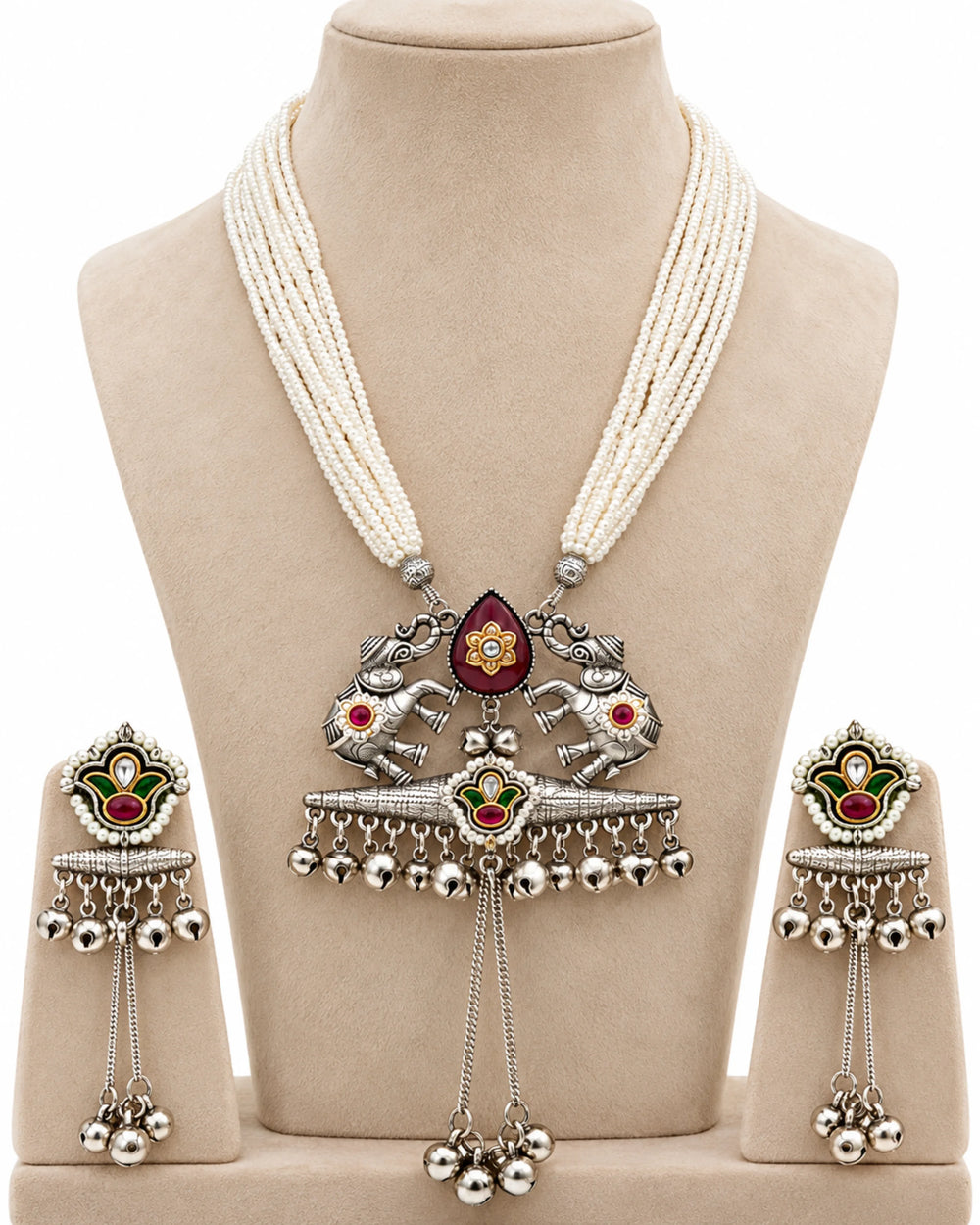 Gaja Royal Multi-Strand Pearl & Silver Necklace Set