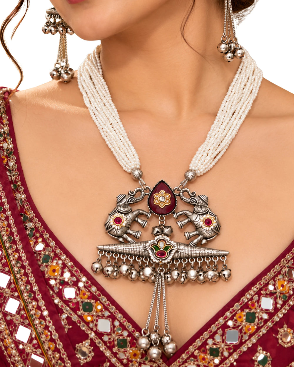 Gaja Royal Multi-Strand Pearl & Silver Necklace Set