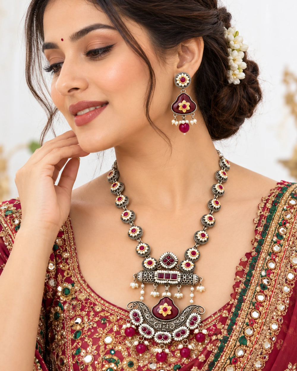 Rajwada Meenakari Pearl & Ruby Pendant Set