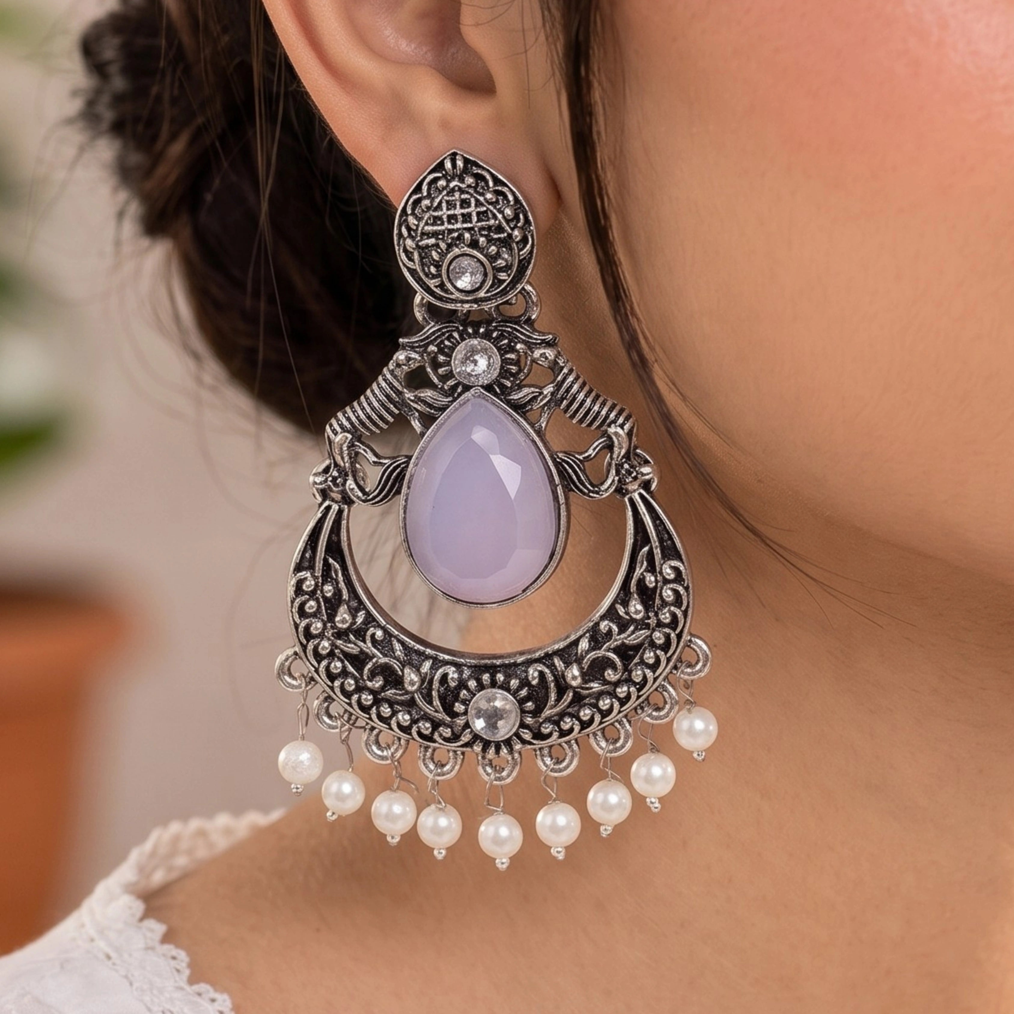 Moonlit Grace Oxidized Chandbali Earrings