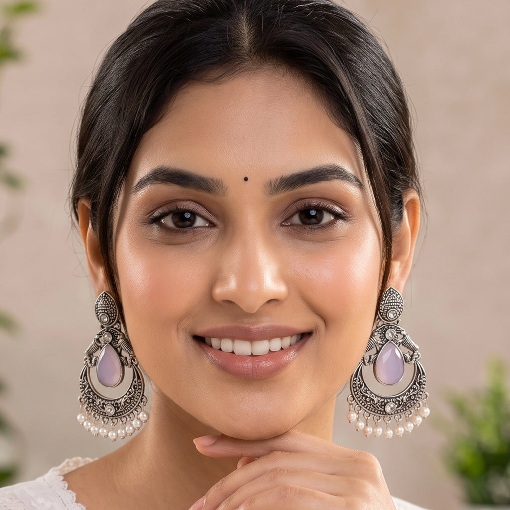 Moonlit Grace Oxidized Chandbali Earrings