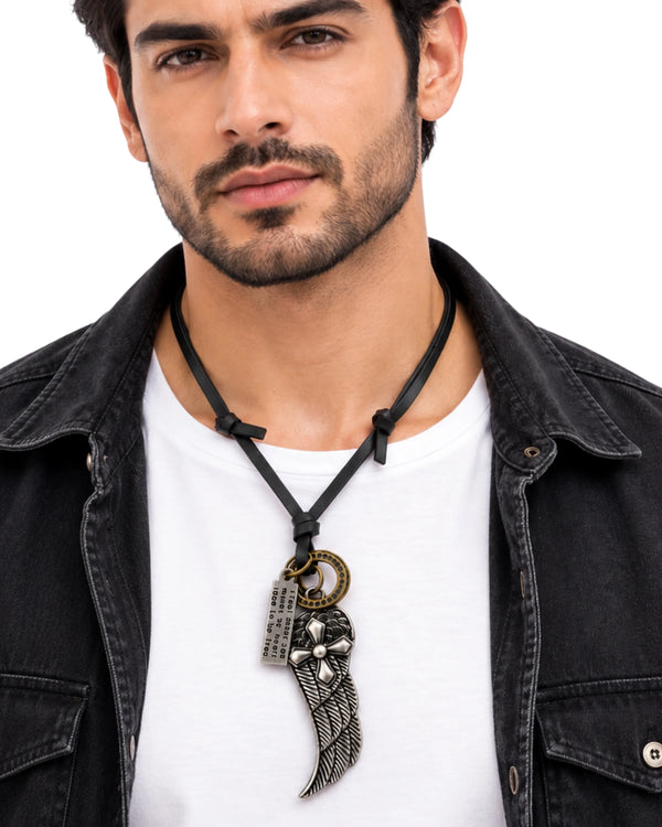The Guardian Wing & Cross Leather Pendant