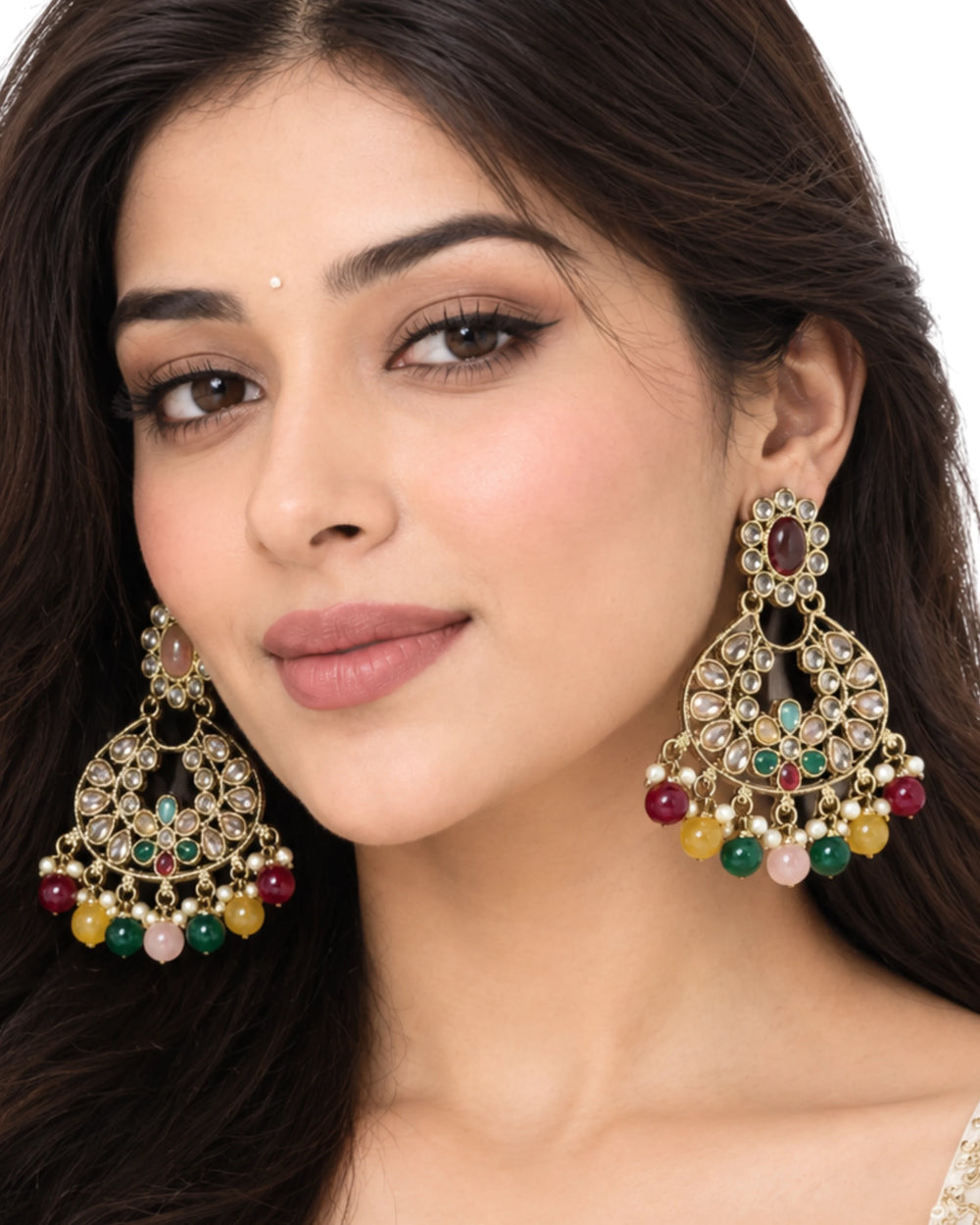 Royal Crescent Kundan & Bead Drop Chandelier Earrings