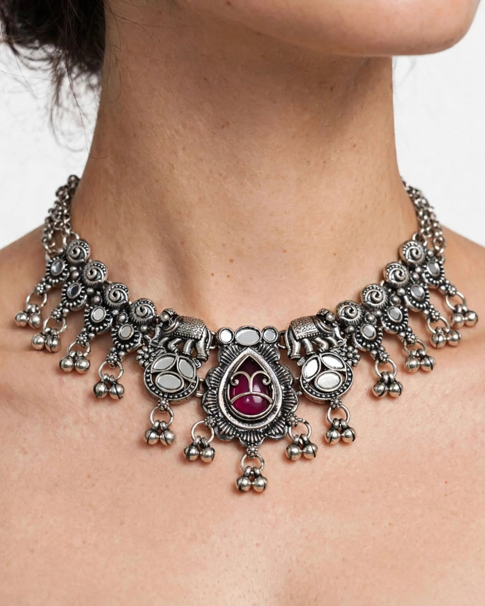 Ghungroo & Garnet Tribal Choker Set