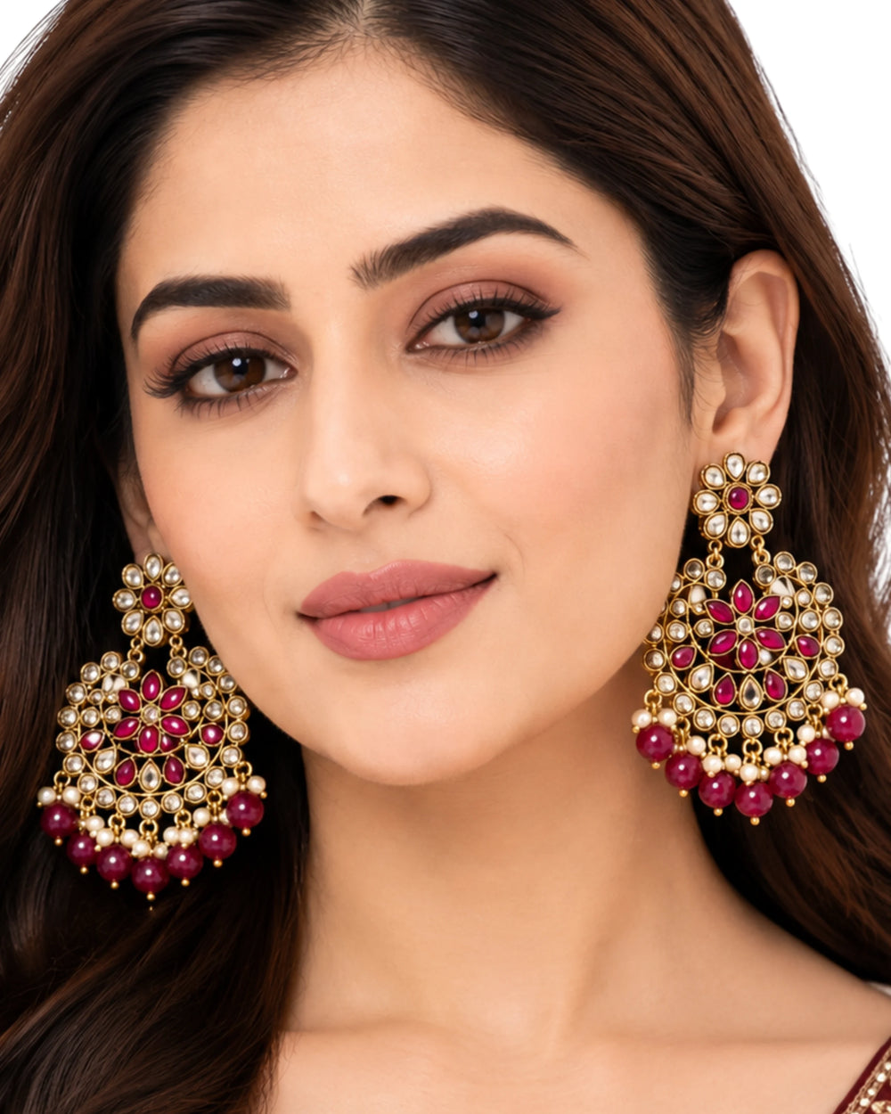 Royal Floral Pink Kundan Chandbali Earrings