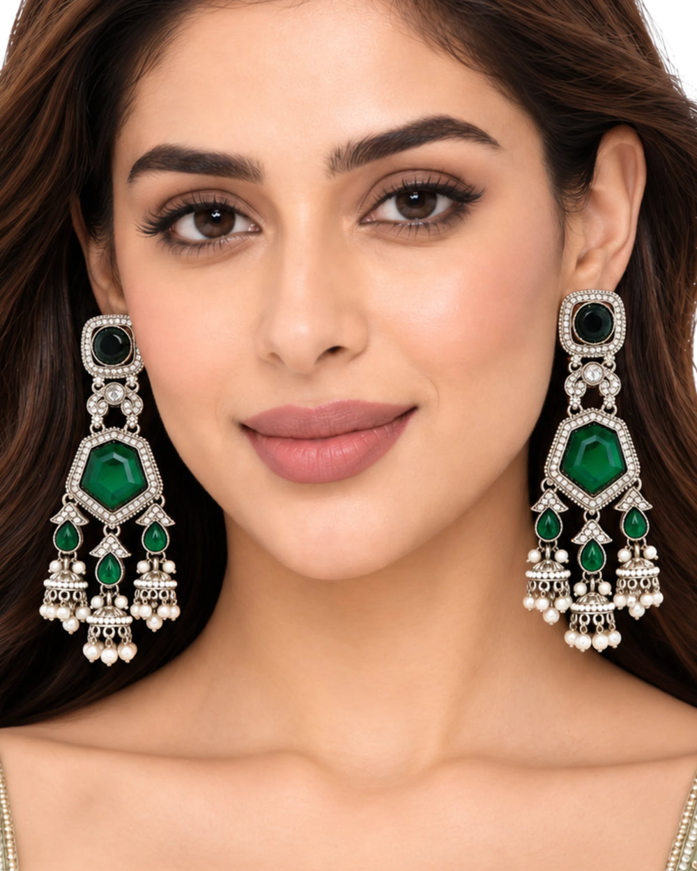 Zavrida Crystal & Emerald Statement Earrings