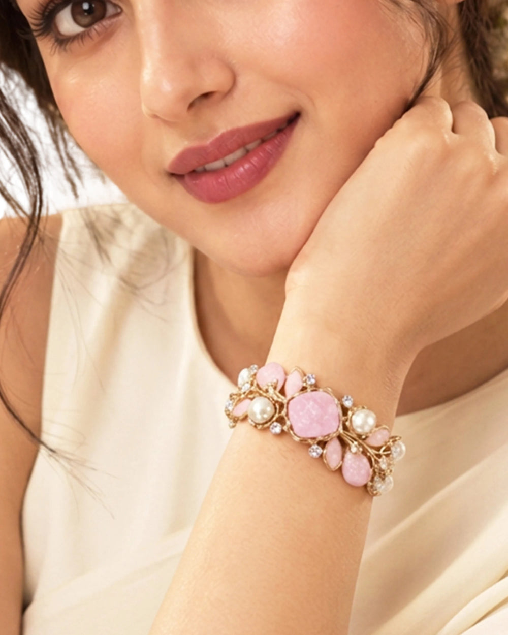 The Rose Quartz & Pearl Openwork Kada