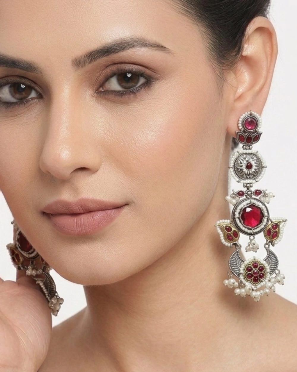 Surya-Chandra Oxidized Ruby Ear-Hangings