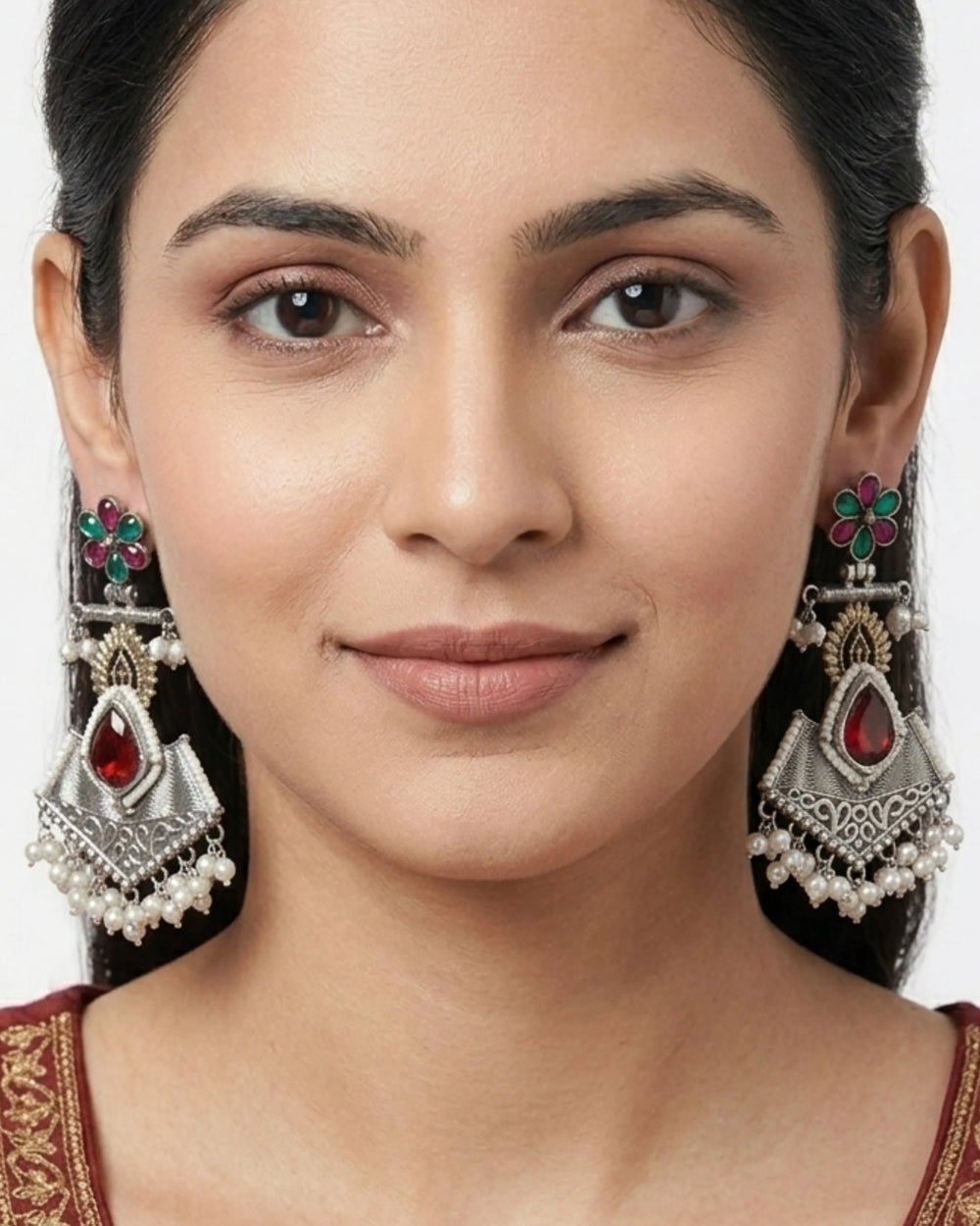 Gulzar Ruby & Emerald Dual-Tone Earrings