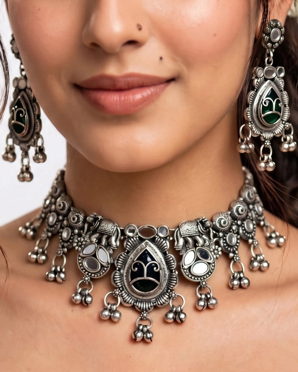 Vintage Green Mirror Choker & Earring Set