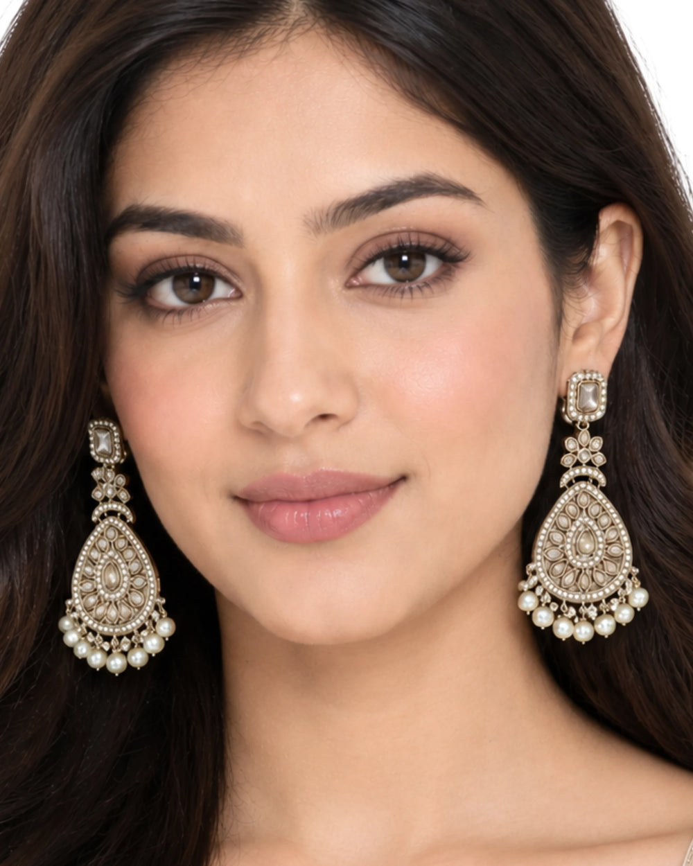 Antique Gold Teardrop Kundan & Pearl Earrings